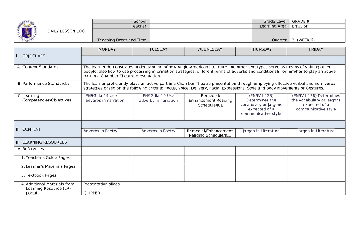 ENG 9 Quarter 2 Week 6 - Copy - DAILY LESSON LOG School: Grade Level ...