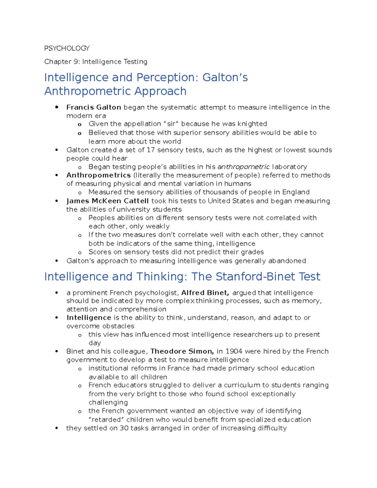 PSYA02 midterm notes - PSYCHOLOGY Chapter 9: Intelligence Testing ...