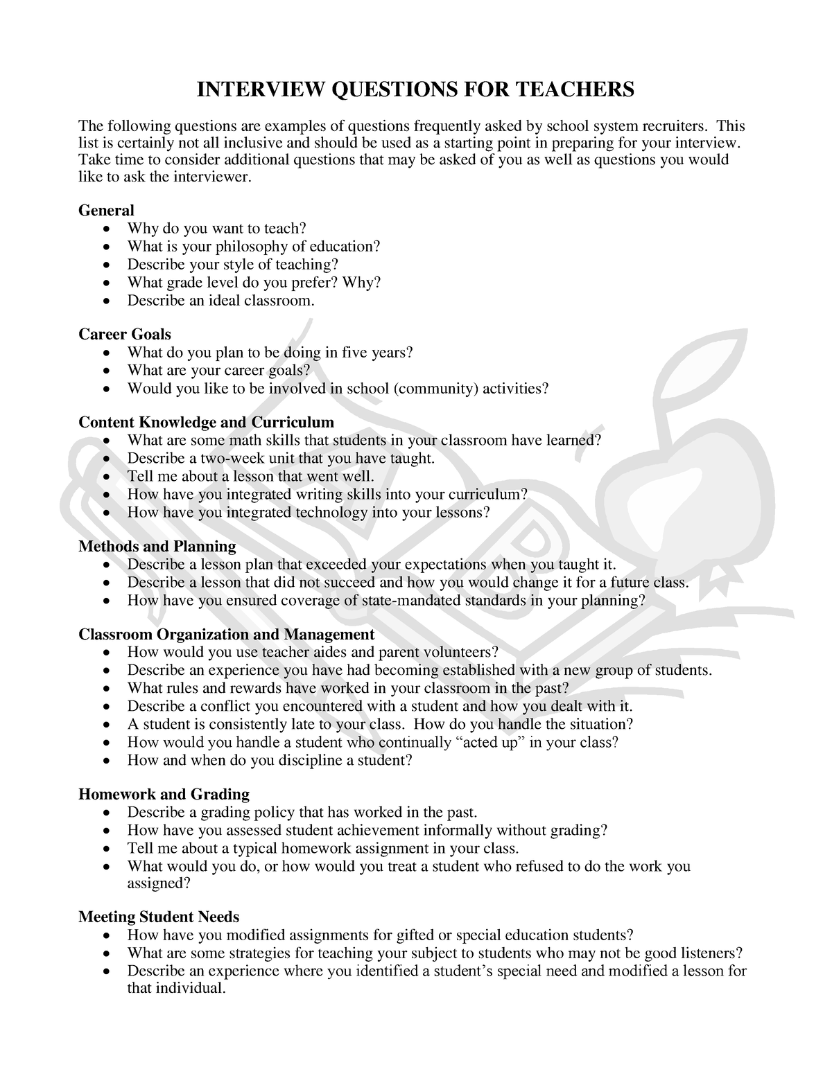 homework interview questions for teachers