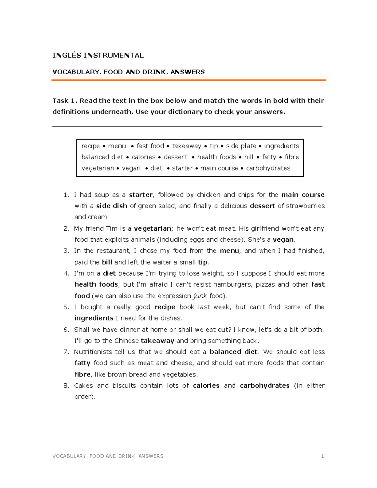 Vocabulary - Apuntes apuntes - VOCABULARY. FOOD AND DRINK. ANSWERS 1 ...