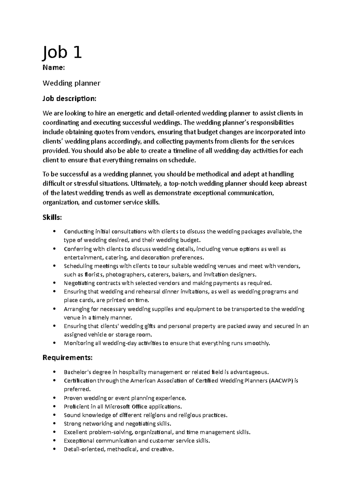 Unit 4 2 Planners Job 1 Name Wedding Planner Job Description We