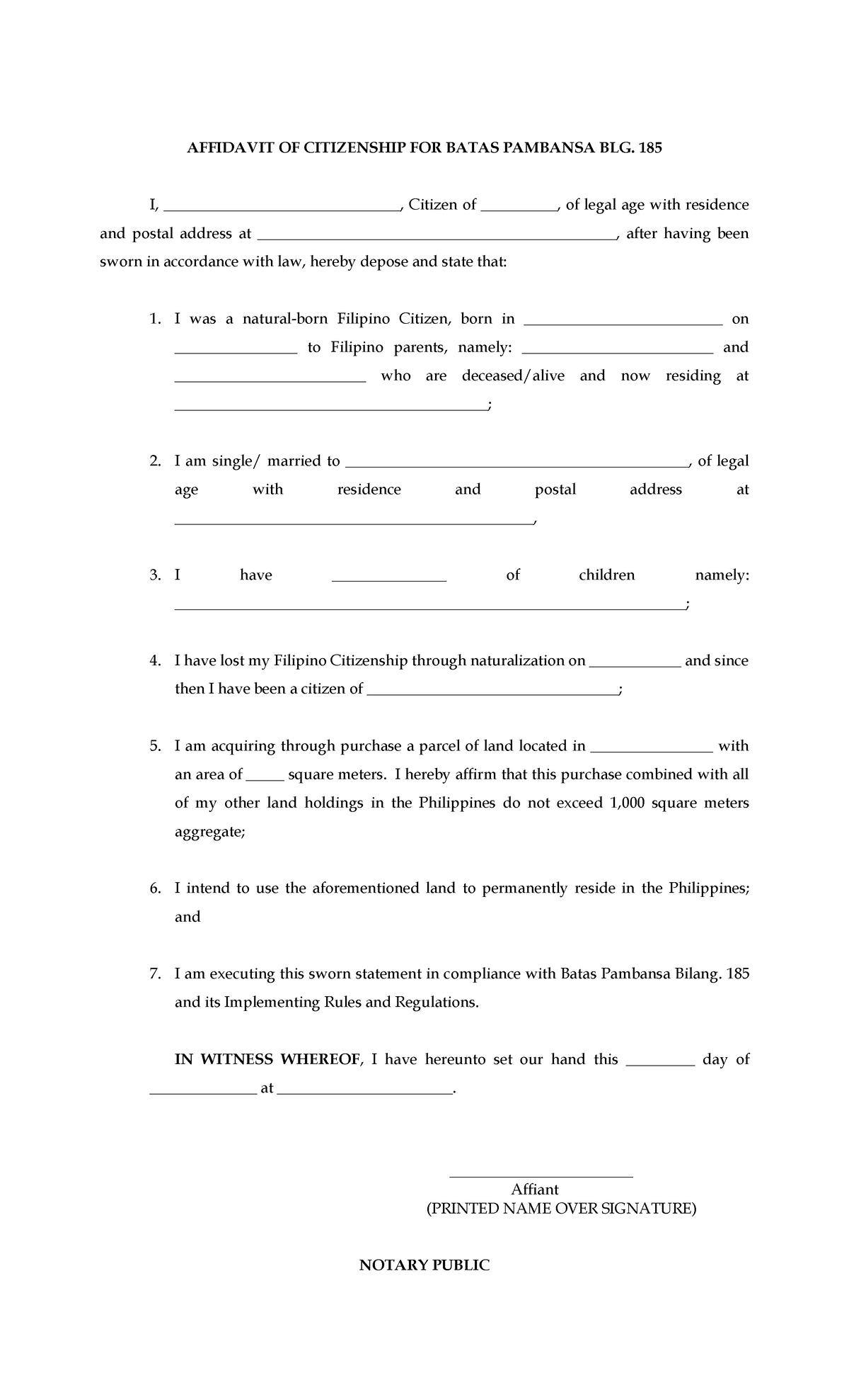 Affidavit Of Citizenship For BP 185 - AFFIDAVIT OF CITIZENSHIP FOR ...