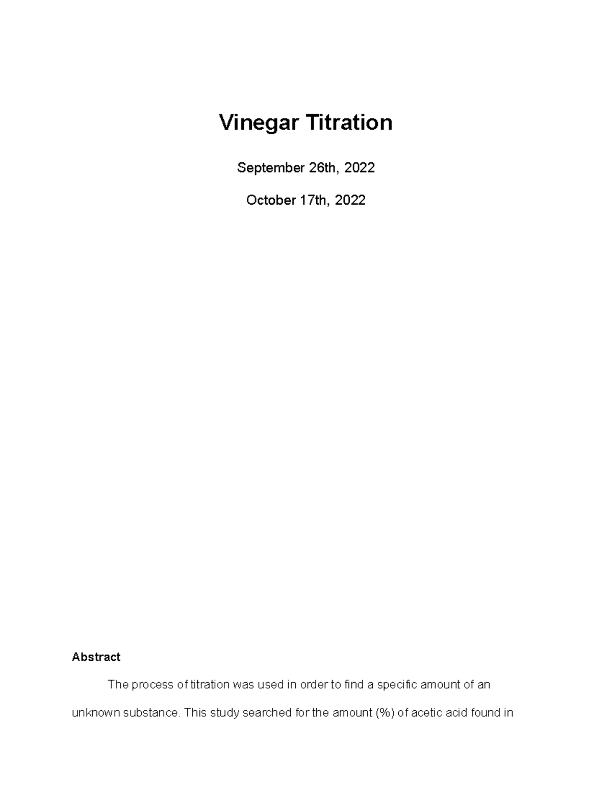 Lab report vinegar titration Vinegar Titration September 26th, 2022