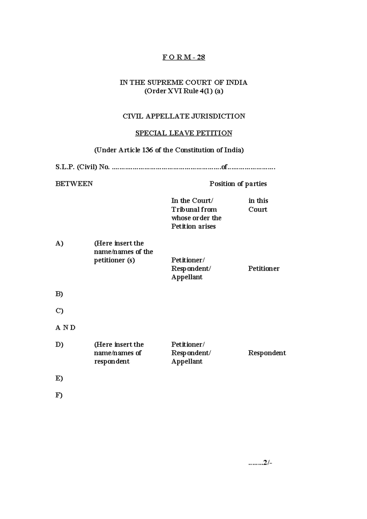 Slp Format - SLP - F O R M - 28 IN THE SUPREME COURT OF INDIA (Order ...