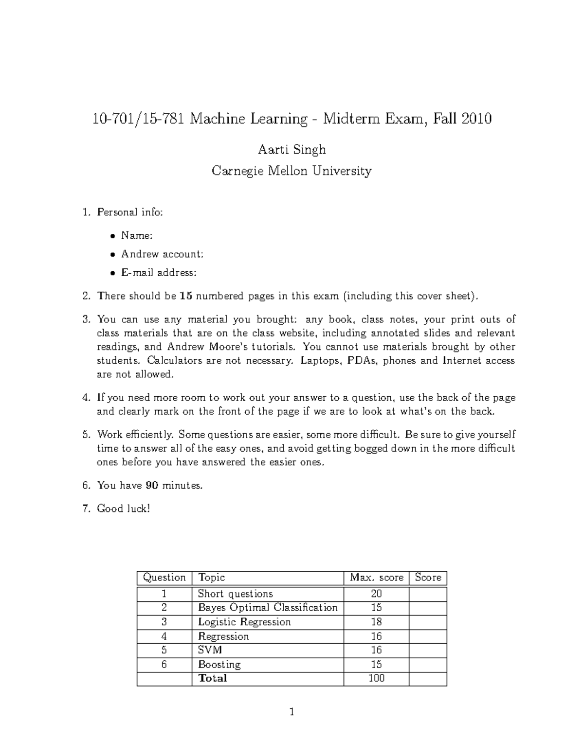 Midterm 2010 F Sol - 2010 Fall - 10-701/15-781 Machine Learning ...