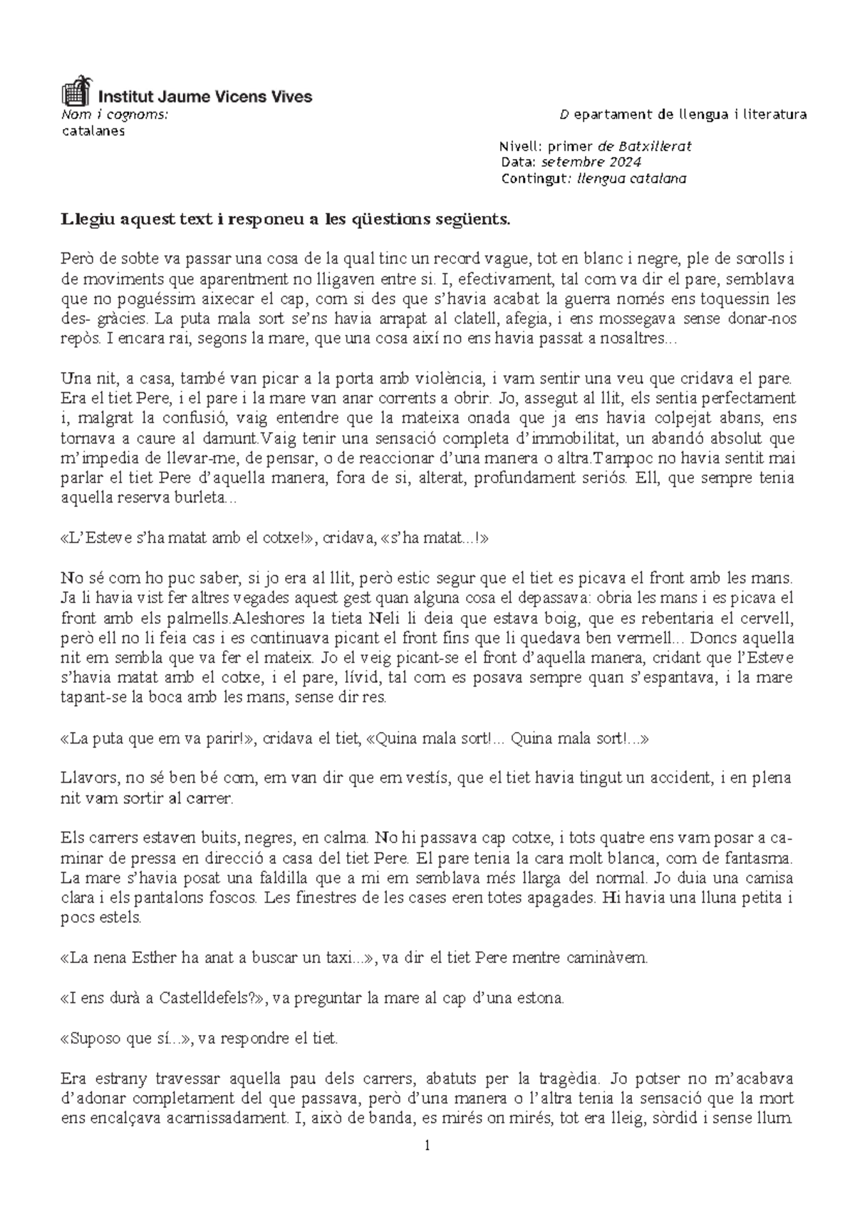 Prova Inicial Català 1r BAT - Nom i cognoms: D epartament de llengua i ...