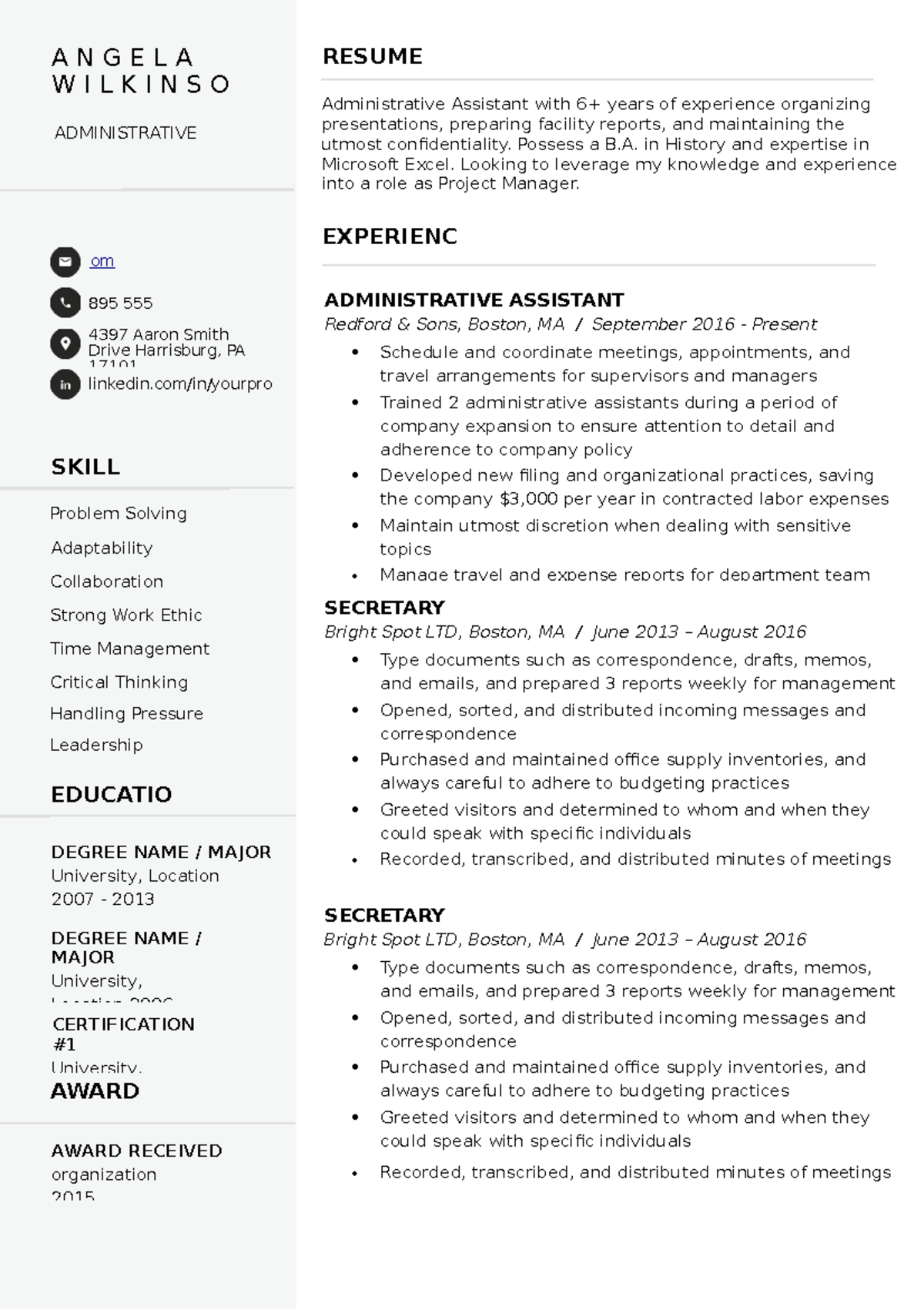 Clean Resume Template Original - A N G E L A W I L K I N S O RESUME ...