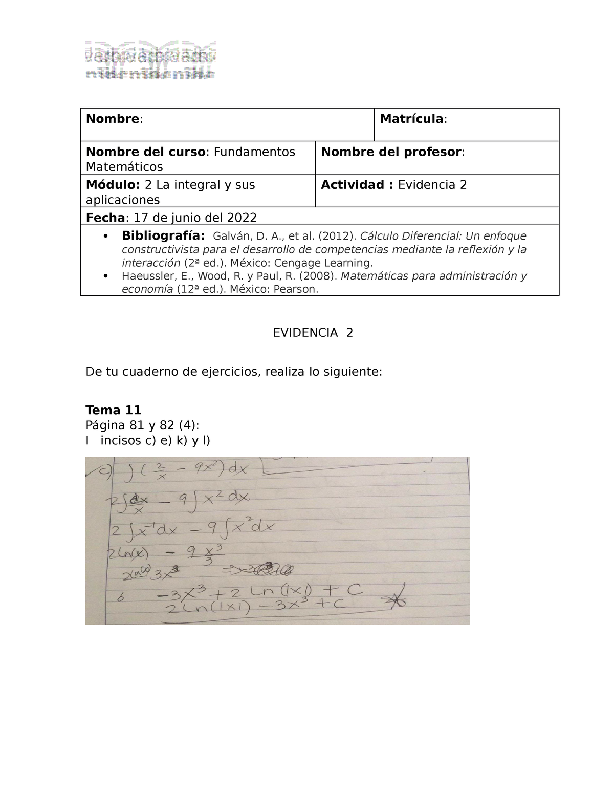 Evidencia 2 Fundamentos Matemáticos Nombre Matrícula Nombre Del Curso Fundamentos Nombre 7422