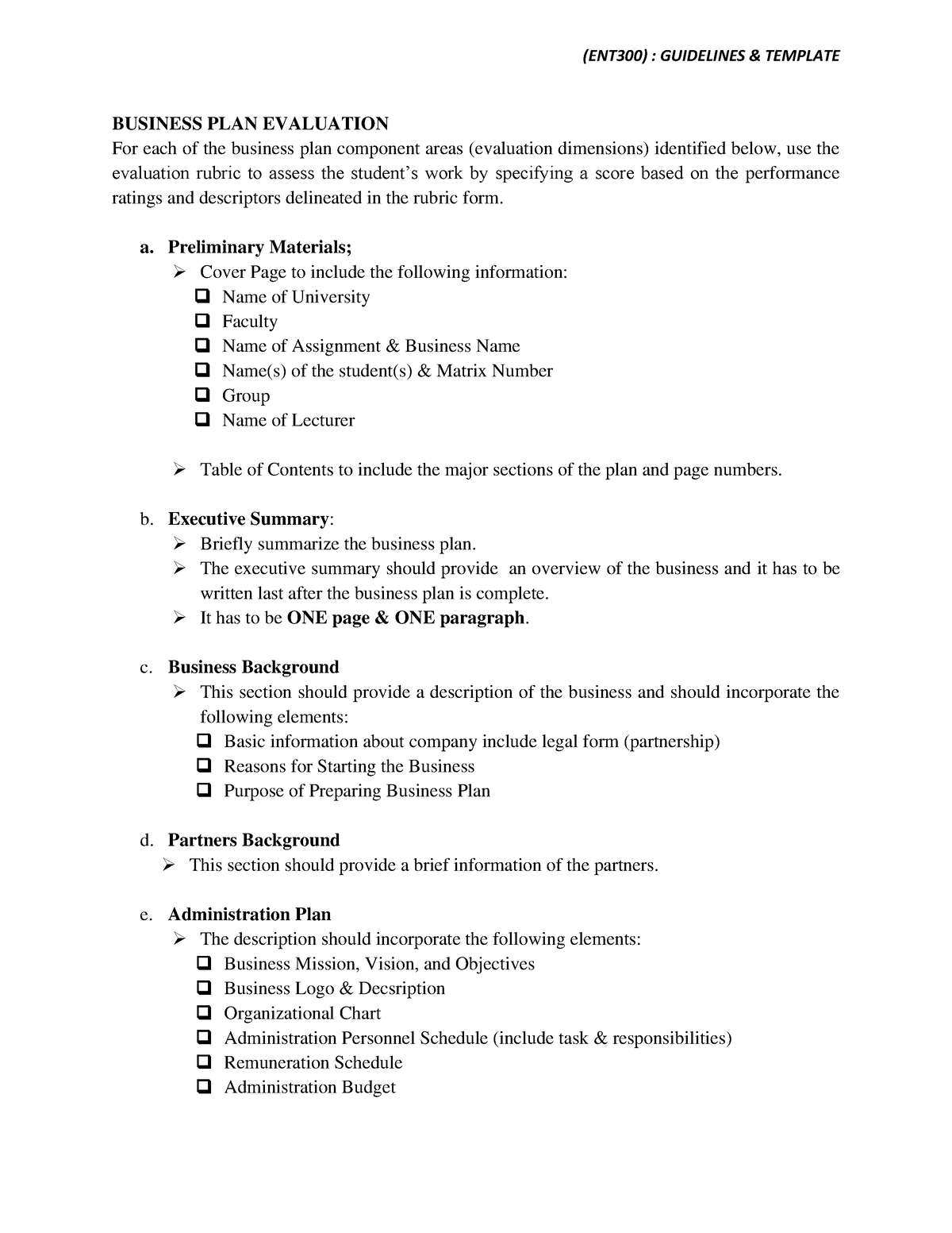 ent300 business plan individual assignment