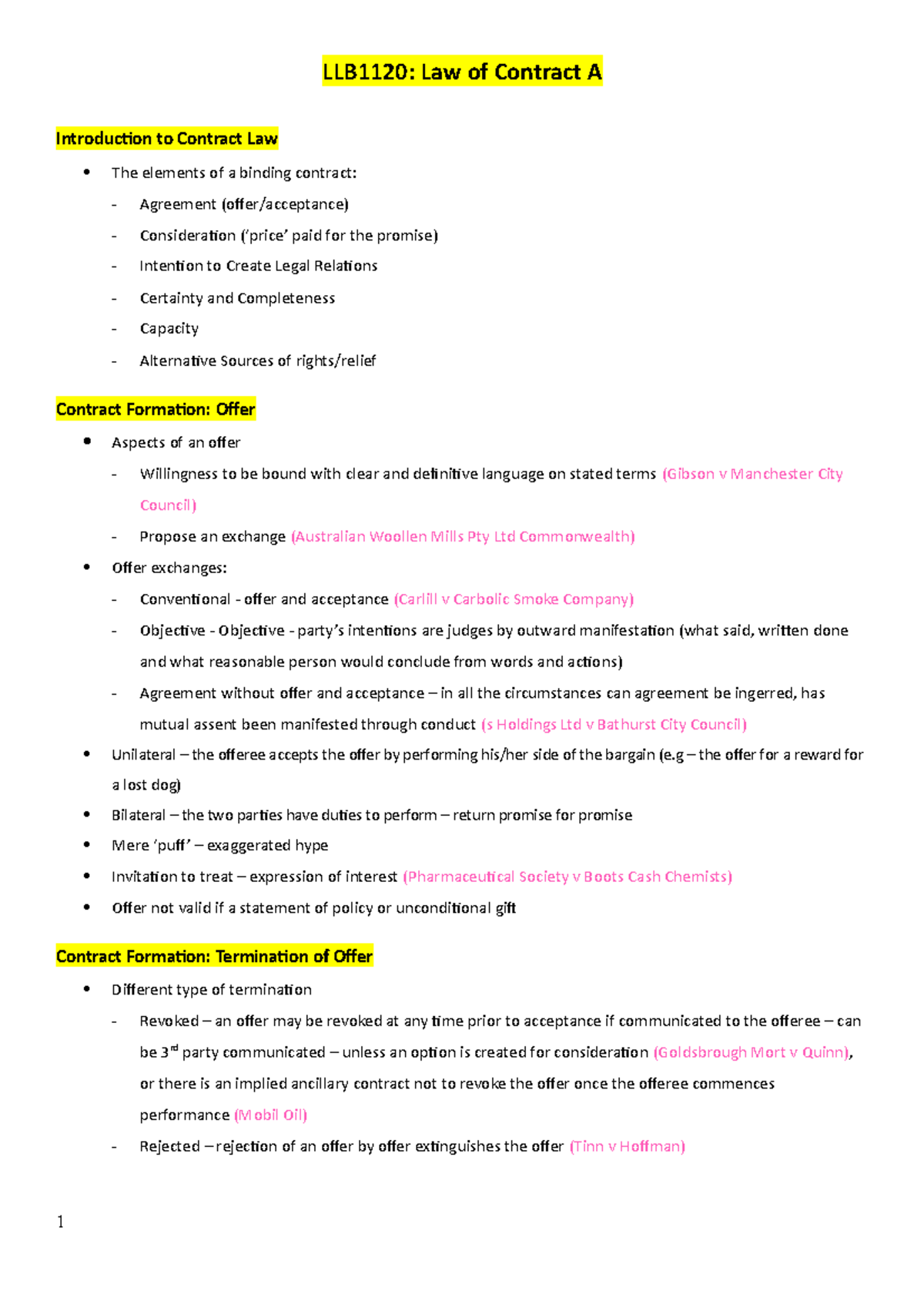 LLB1120 Notes - LLB1120: Law of Contract A Introduction to Contract Law ...