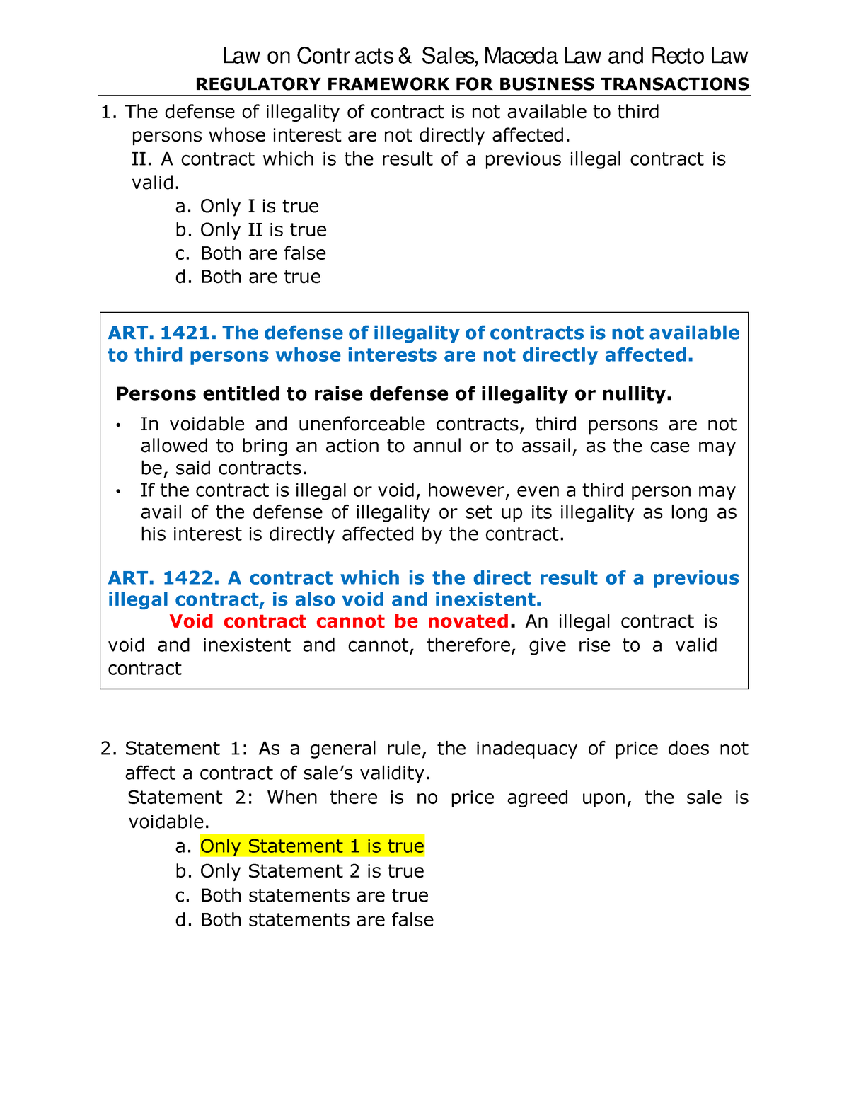 (RFBT) Law On Contracts, Sales, Maceda Law And Recto Law - REGULATORY ...