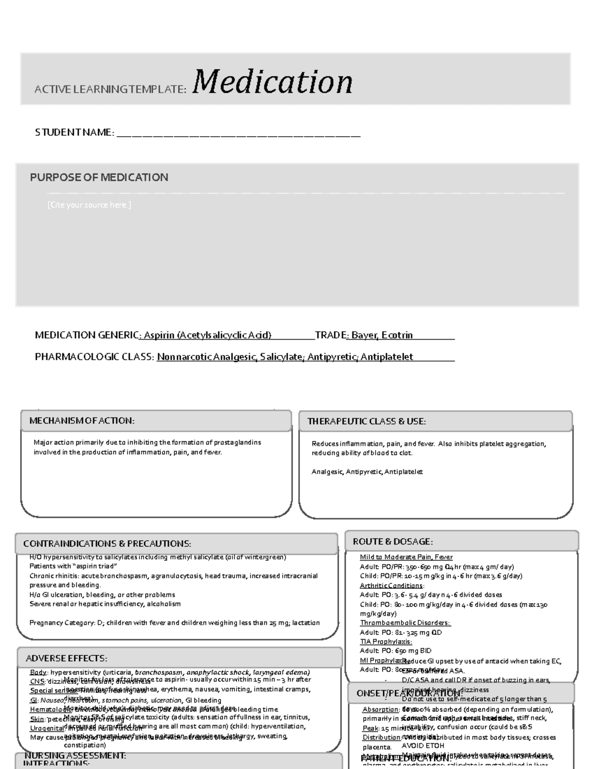 Aspirin ASAmedcard - notes - STUDENT NAME