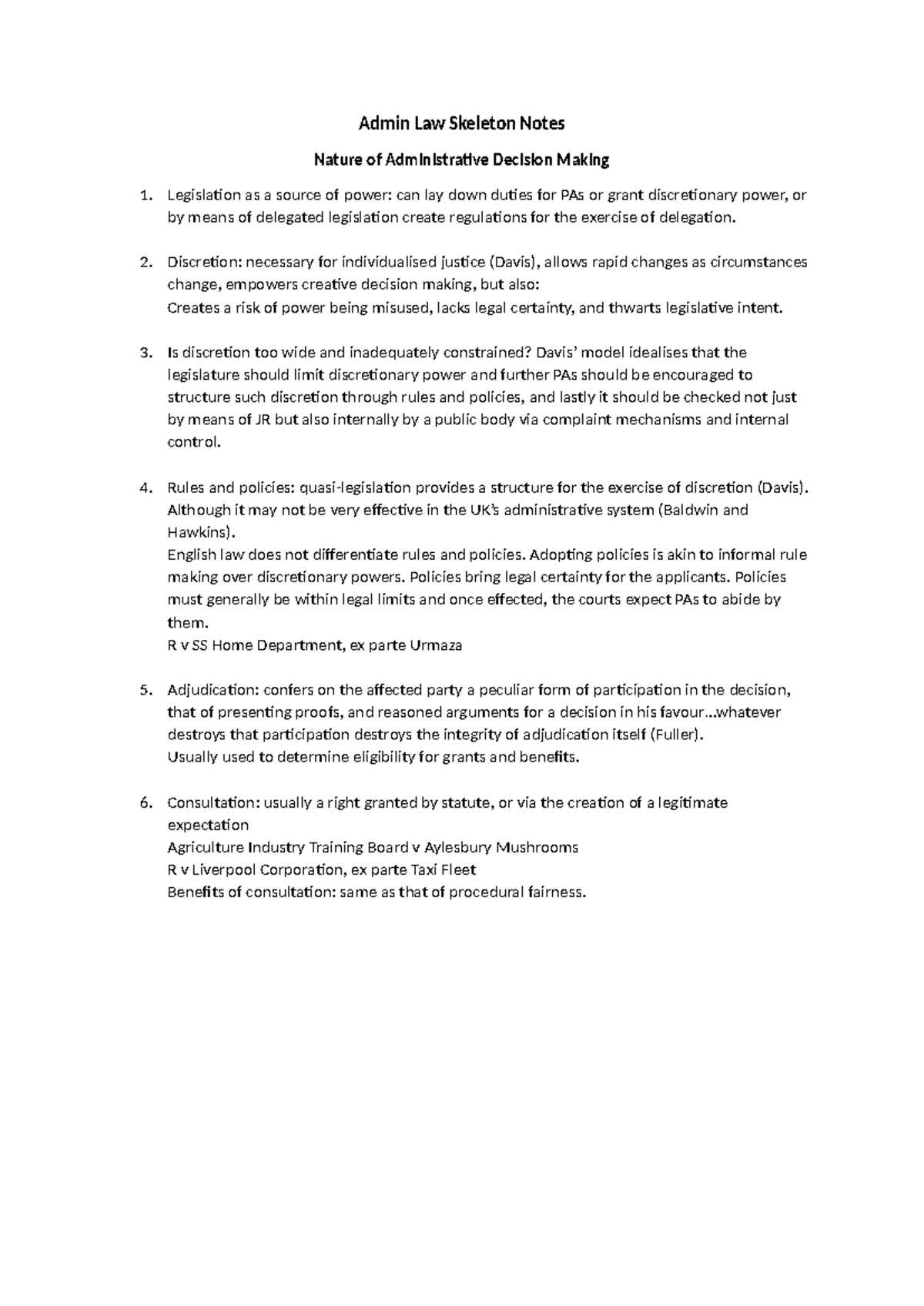 Admin Law Skeleton Notes - Admin Law Skeleton Notes Nature of ...