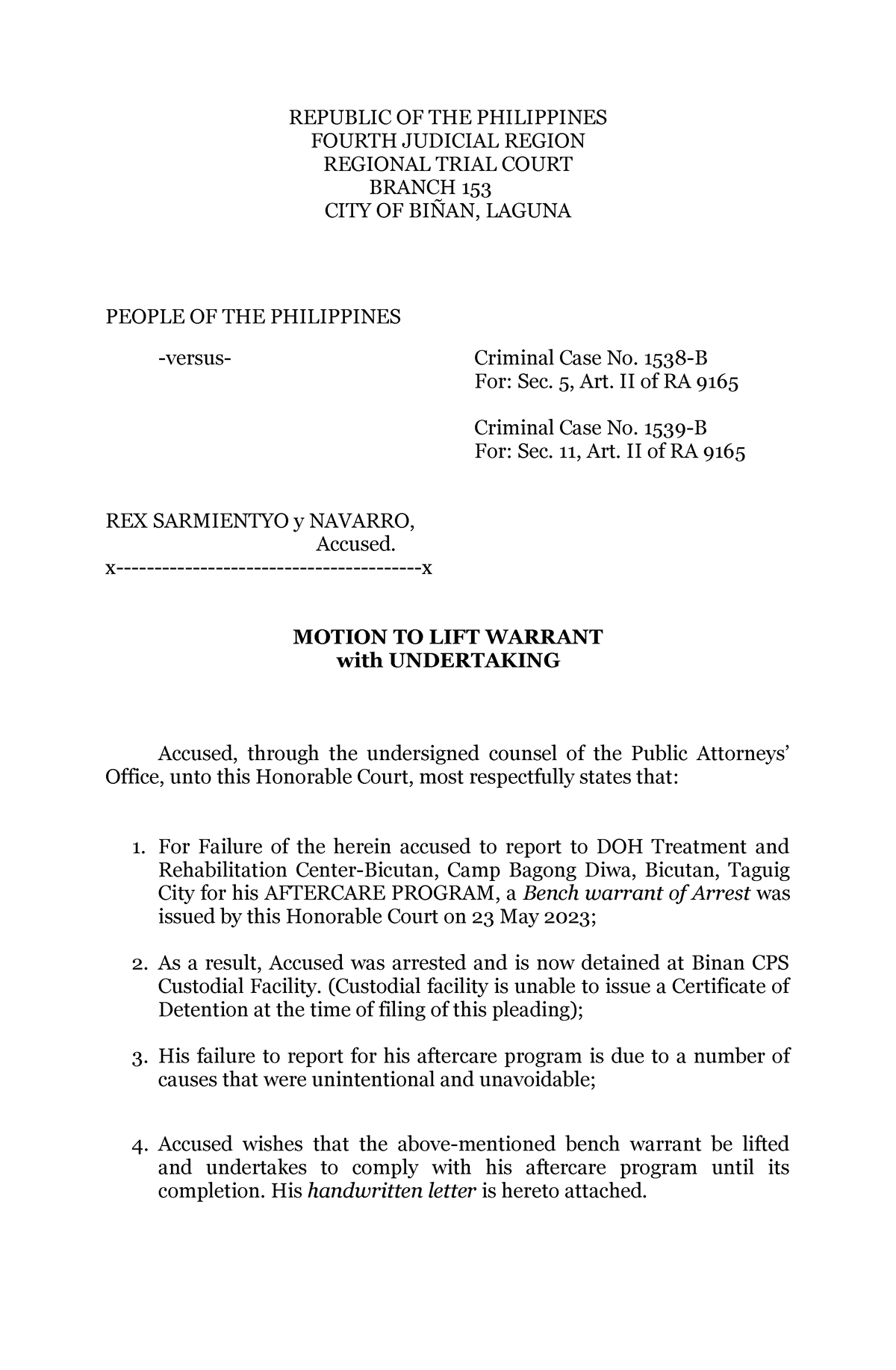 Motion to Lift Bench Warrant - Rex Sarmiento - REPUBLIC OF THE ...