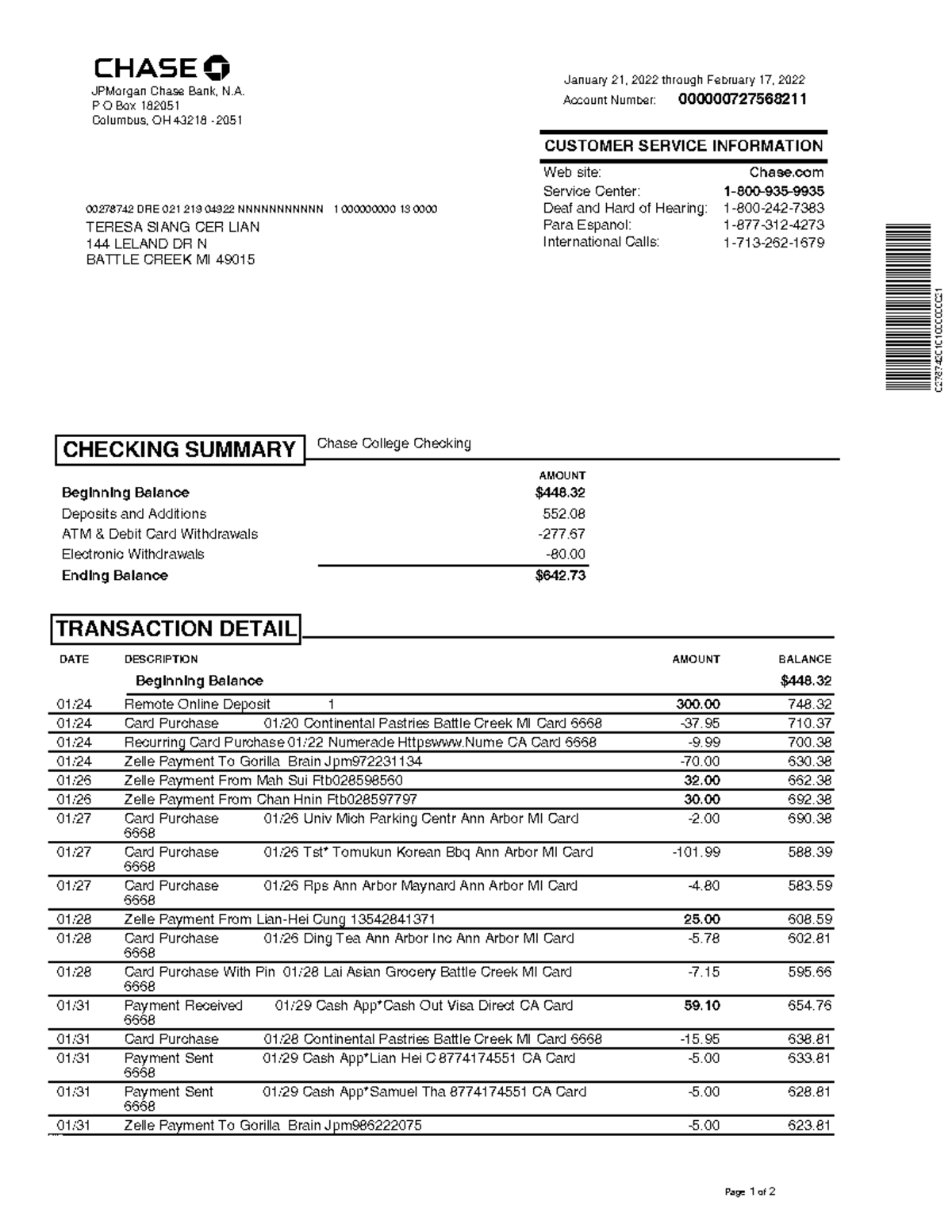 Chase Bank Statement 2022-bs - 000000727568211 CUSTOMER SERVICE ...