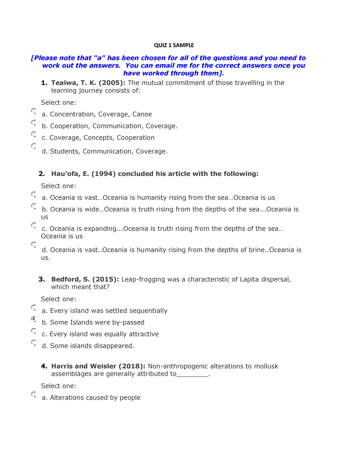 QUIZ 1 Sample For UU204 - QUIZ 1 SAMPLE [Please Note That “a” Has Been ...