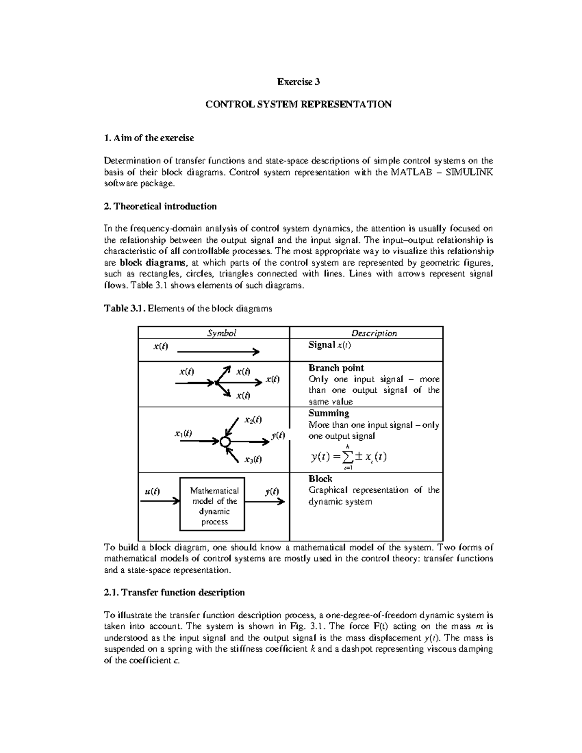 Exercise 3 - Control system representation - x ( t ) Exercise 3 CONTROL ...