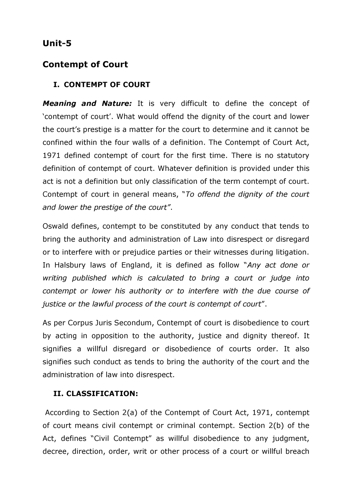 Contempt of Court LAw PDF Unit Contempt of Court I CONTEMPT OF