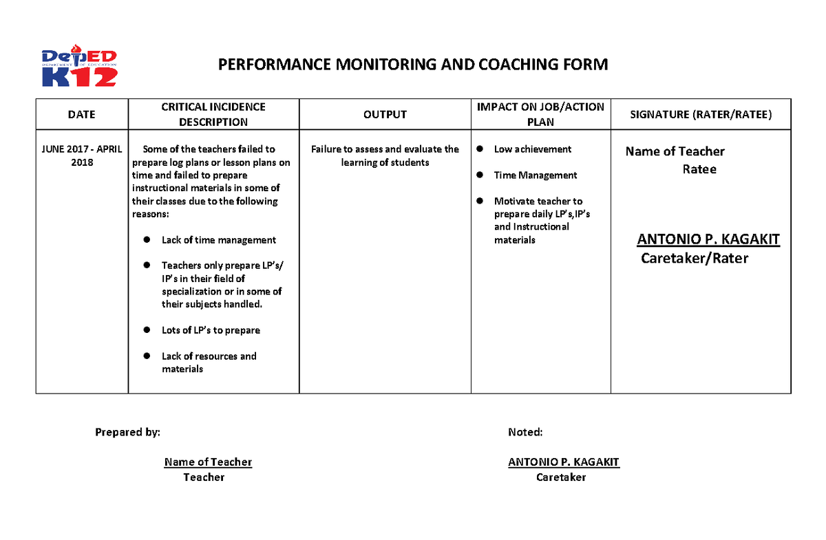 What Is Critical Incidence Description In Performance Monitoring And Coaching Form