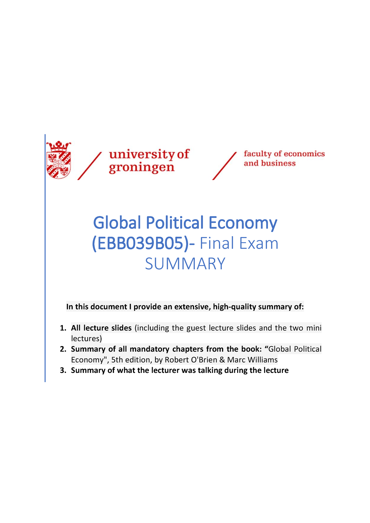 GPE Summary - Global Political Economy (EBB 039 B05)- Final Exam ...