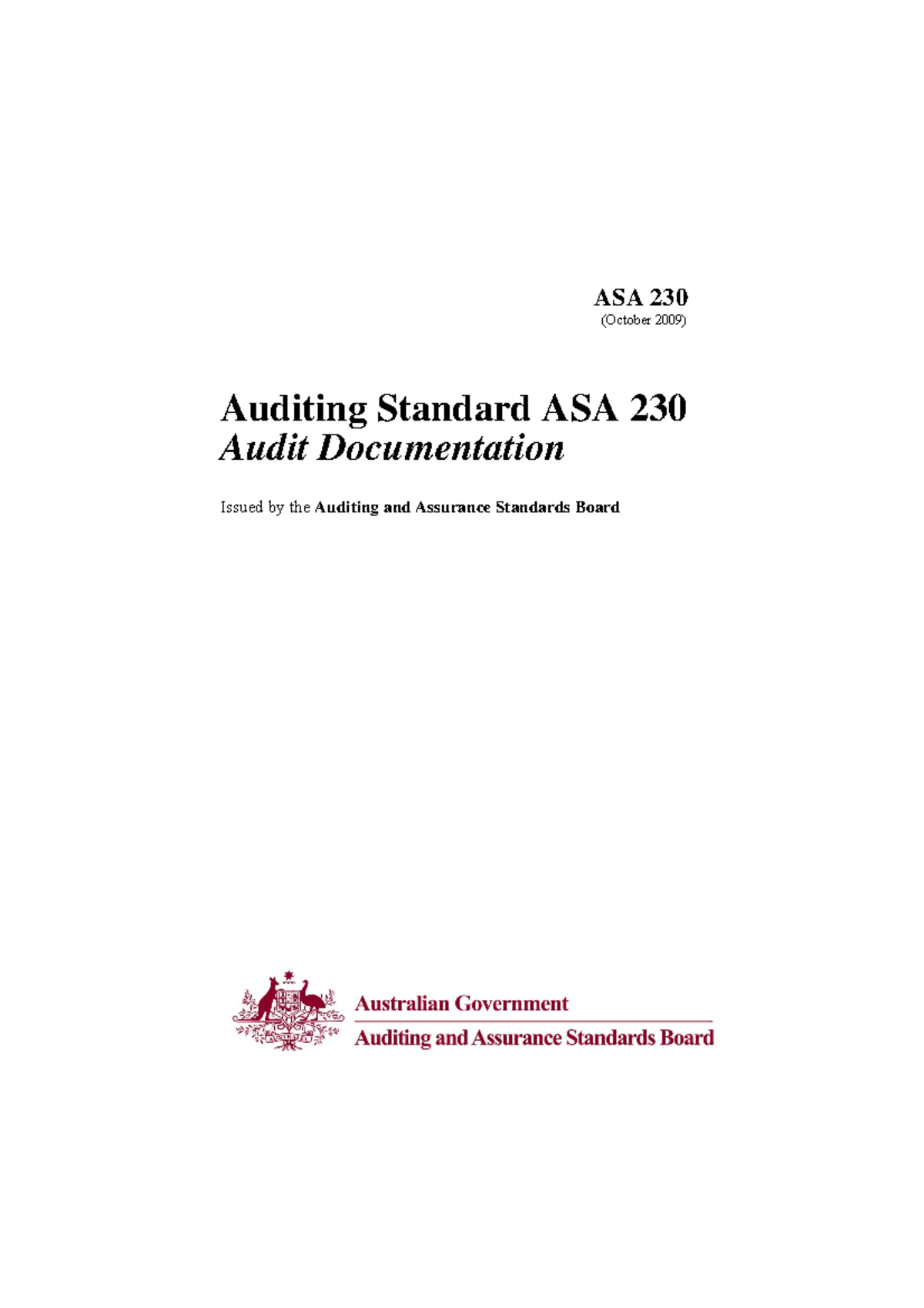 ASA 230 Audit Documentation - ASA 230 (October 2009) Auditing Standard ...