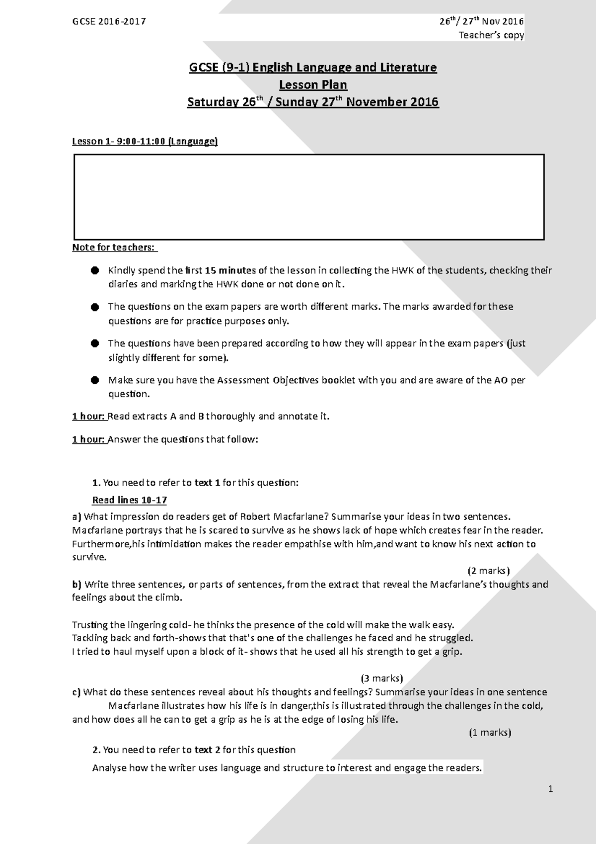 Lesson Plan 4 26th & 27th nov 2016 - Teacher’s copy GCSE (9-1) English ...