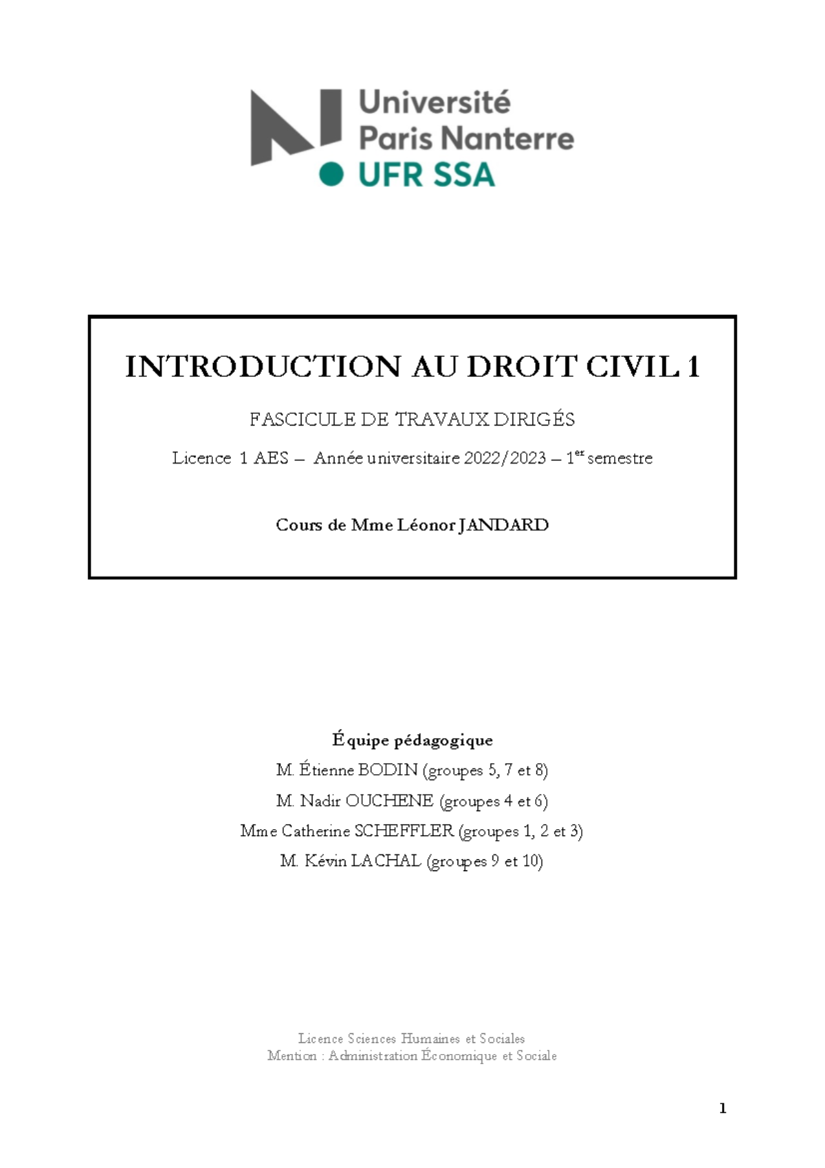 Fascicule De TD Intro 1 2022-23 - INTRODUCTION AU DROIT CIVIL 1 ...