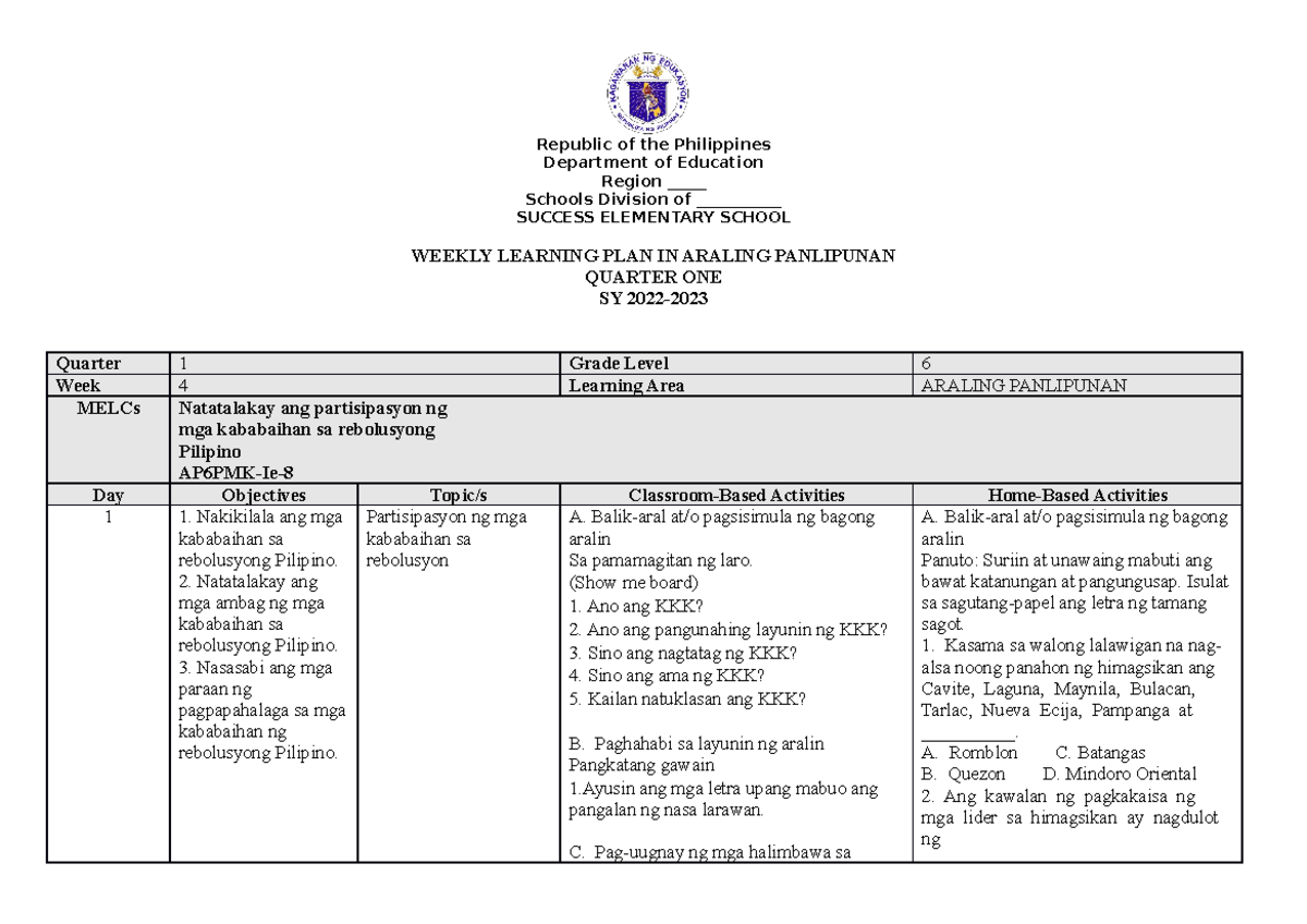 WEEK4-AP6 WLP Q1 - PLAN - Republic of the Philippines Department of ...