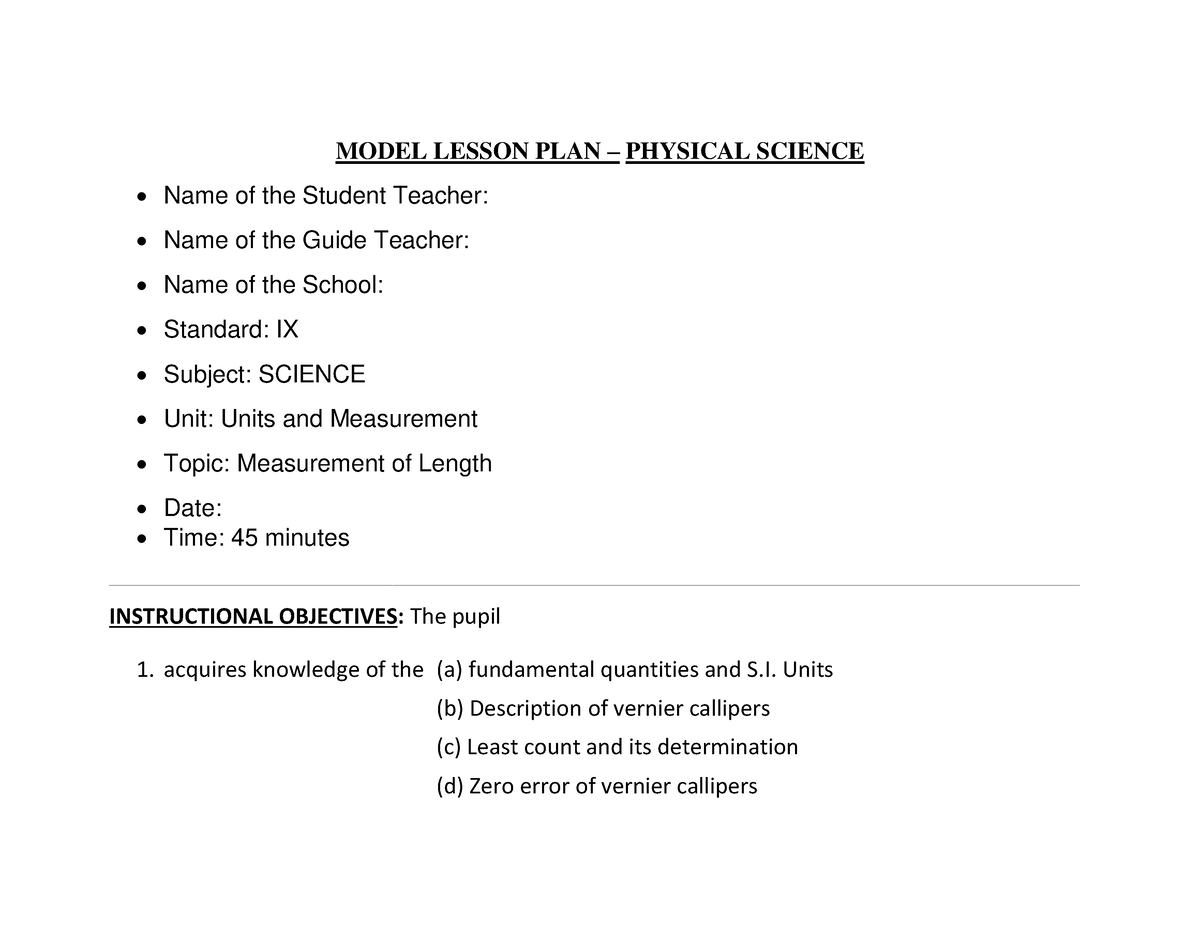3 Physical Science Model Lesson Plan Model Lesson Plan Physical Science • Name Of The 5537
