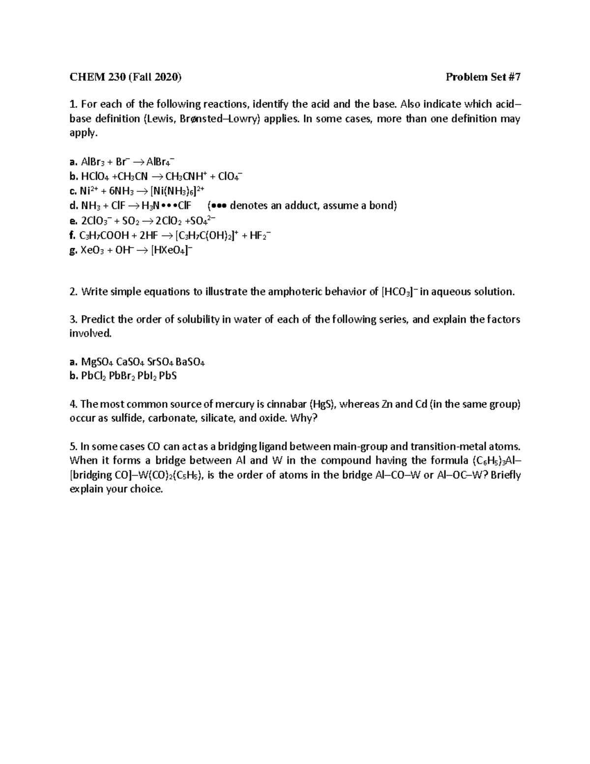 Chem 230 Problem Set7 2020 - CHEM 230 (Fall 2020) Problem Set # For ...