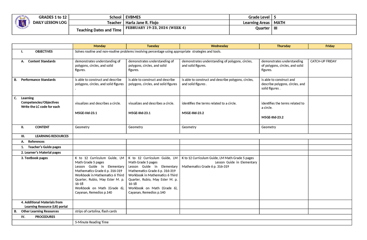 Grade 5 DLL MATH 5 Q3 Week 3 - GRADES 1 to 12 DAILY LESSON LOG School ...