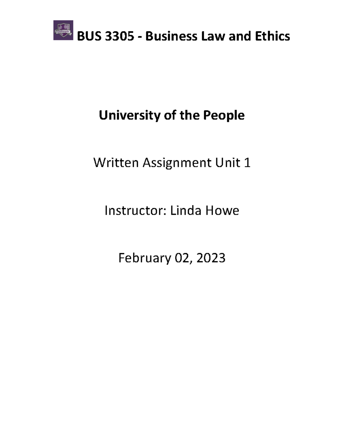 BUS 3305 - Written Assignment Unit 2 - University Of The People Written ...