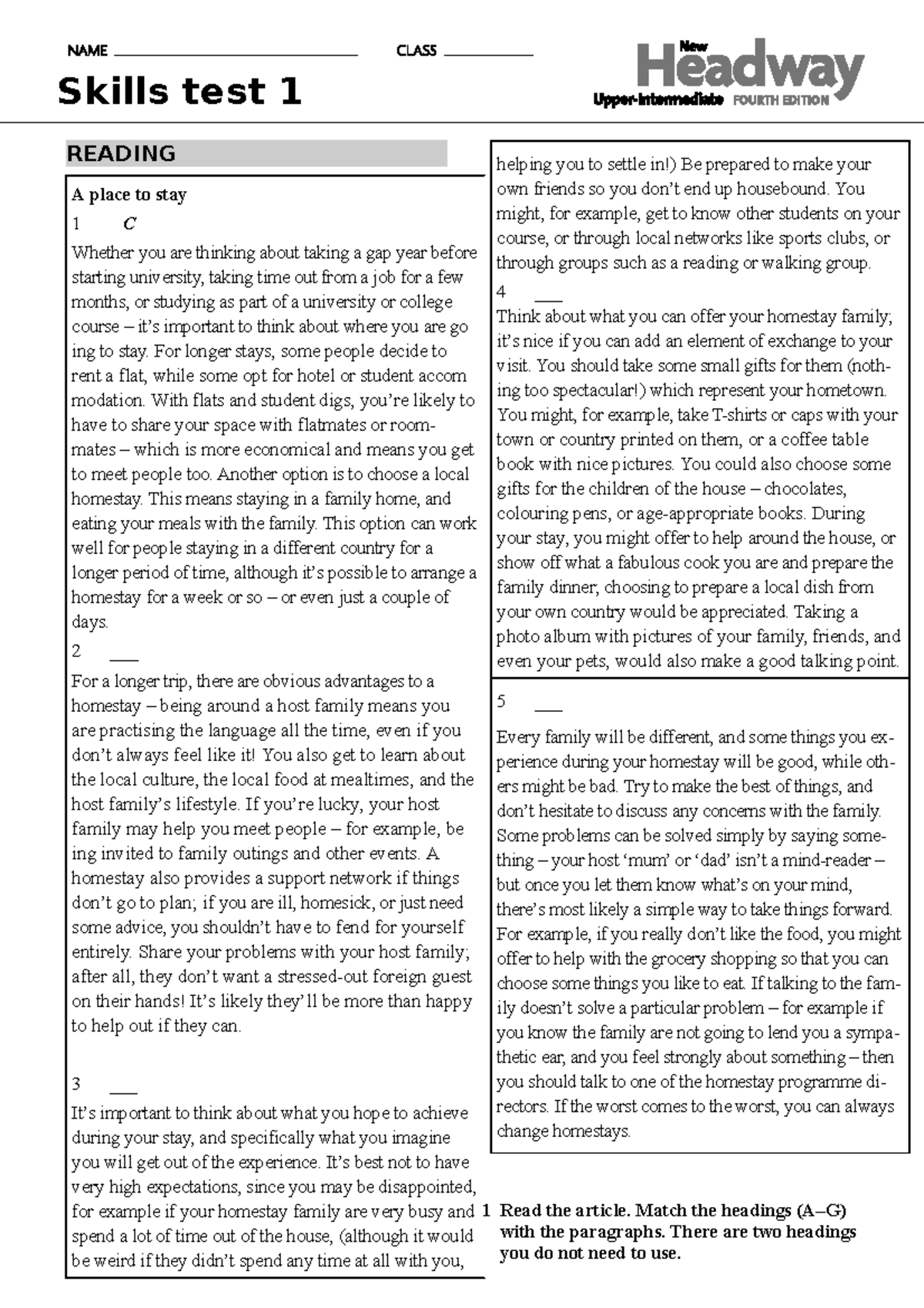 Reading and Writing Test 01 READING A place to stay 1 C Whether you