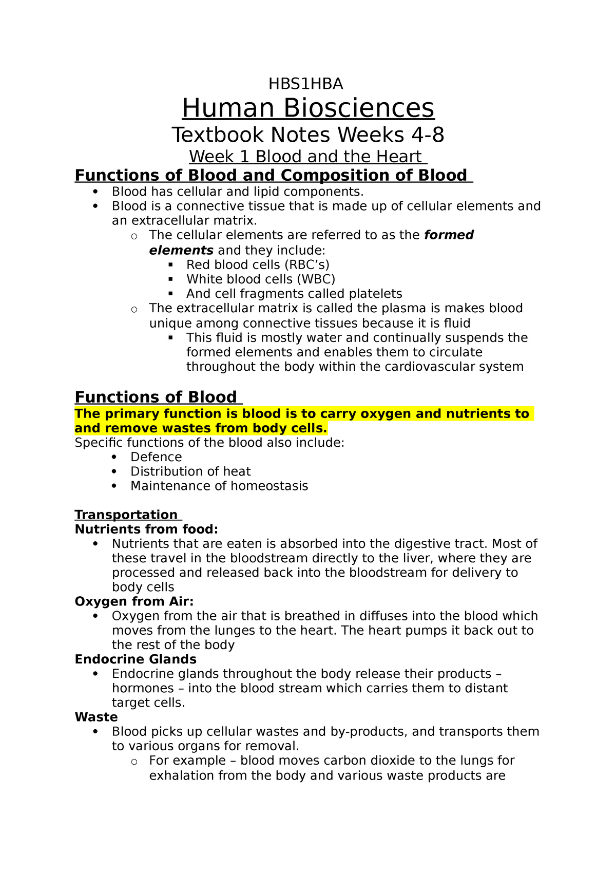 HBS1HBA Testbook Notes Week 4-8 - HBS1HBA Human Biosciences Textbook ...