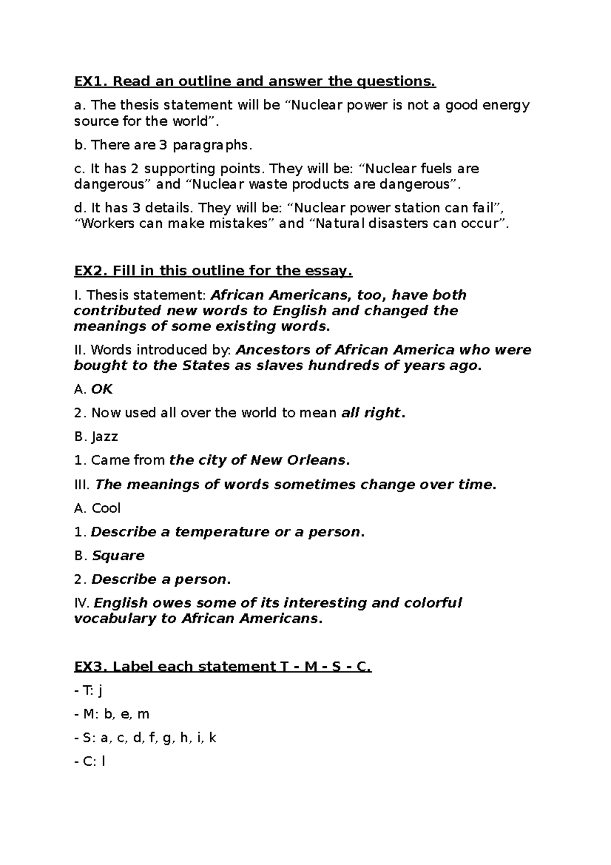 Outlining an Essay Writing Assignment - EX1. Read an outline and answer ...