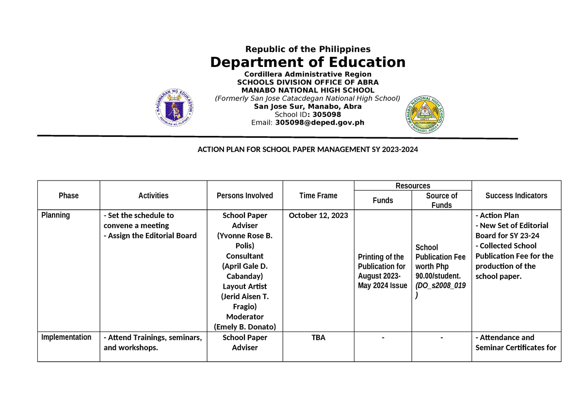 Action plan for school paper SY 23-24 - Republic of the Philippines ...