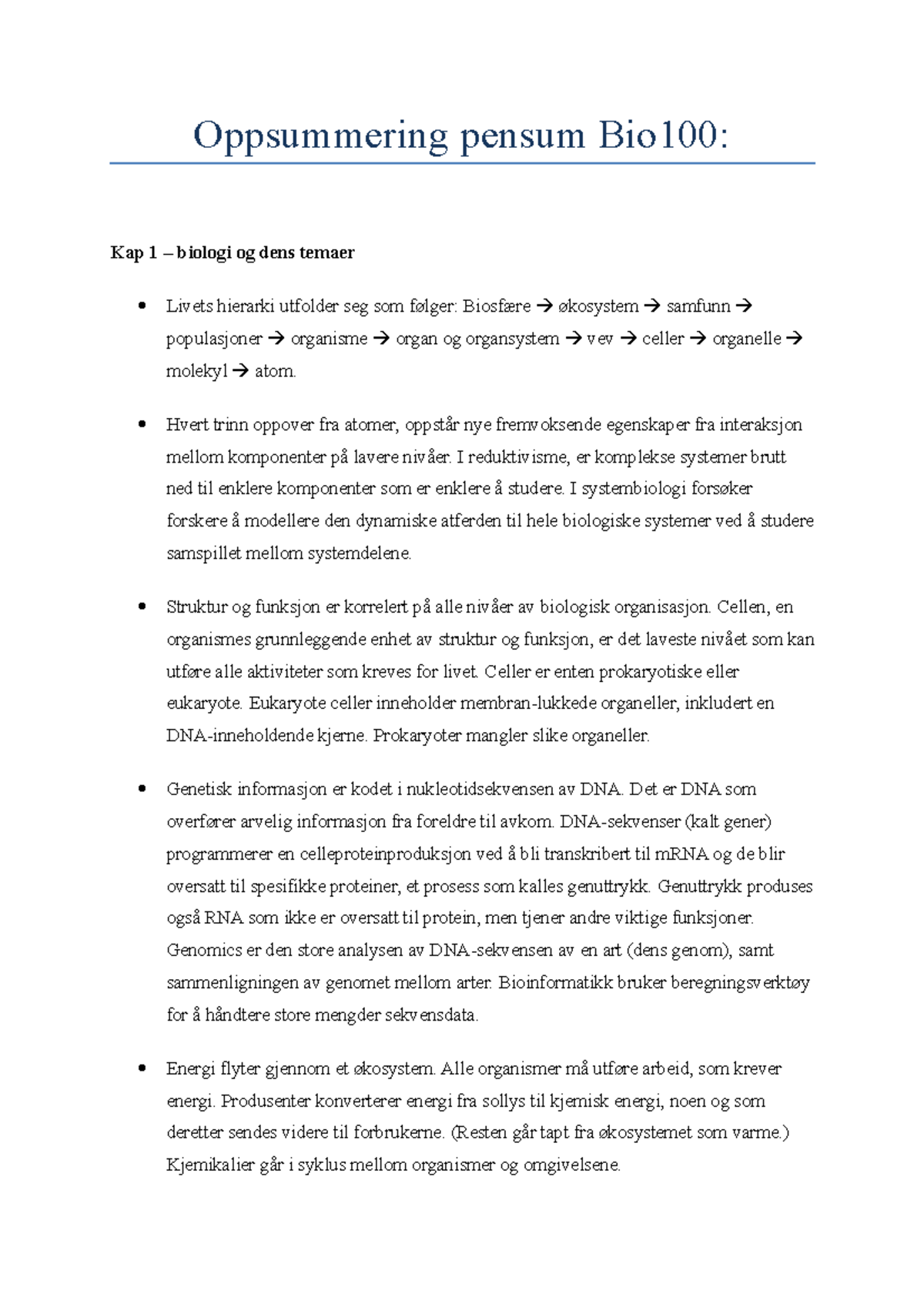 Oppsummering Bio100 - Sammendrag Biology A Global Approach With ...