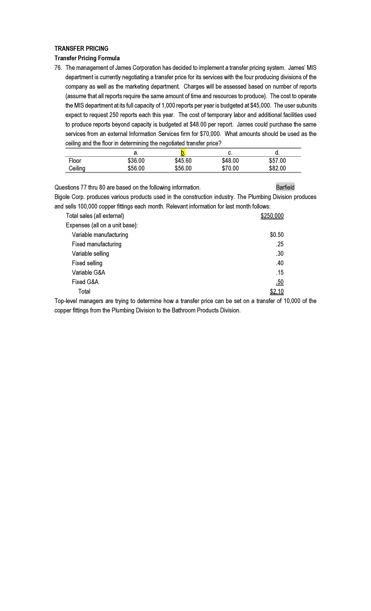 Transfer pricing problems and answers - TRANSFER PRICING Transfer ...