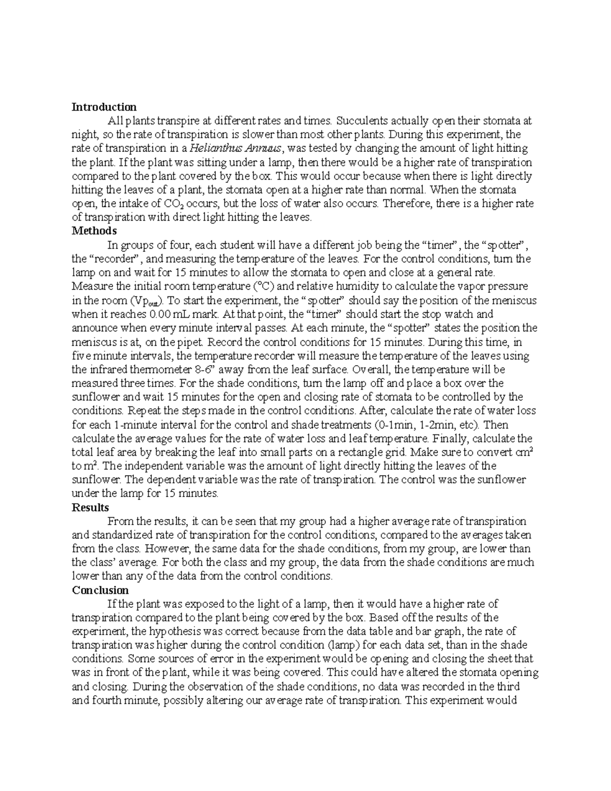 Transpiration Lab - Introduction All plants transpire at different ...