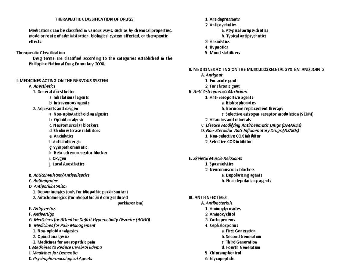 Therapeutic Classification OF Drugs - StuDocu