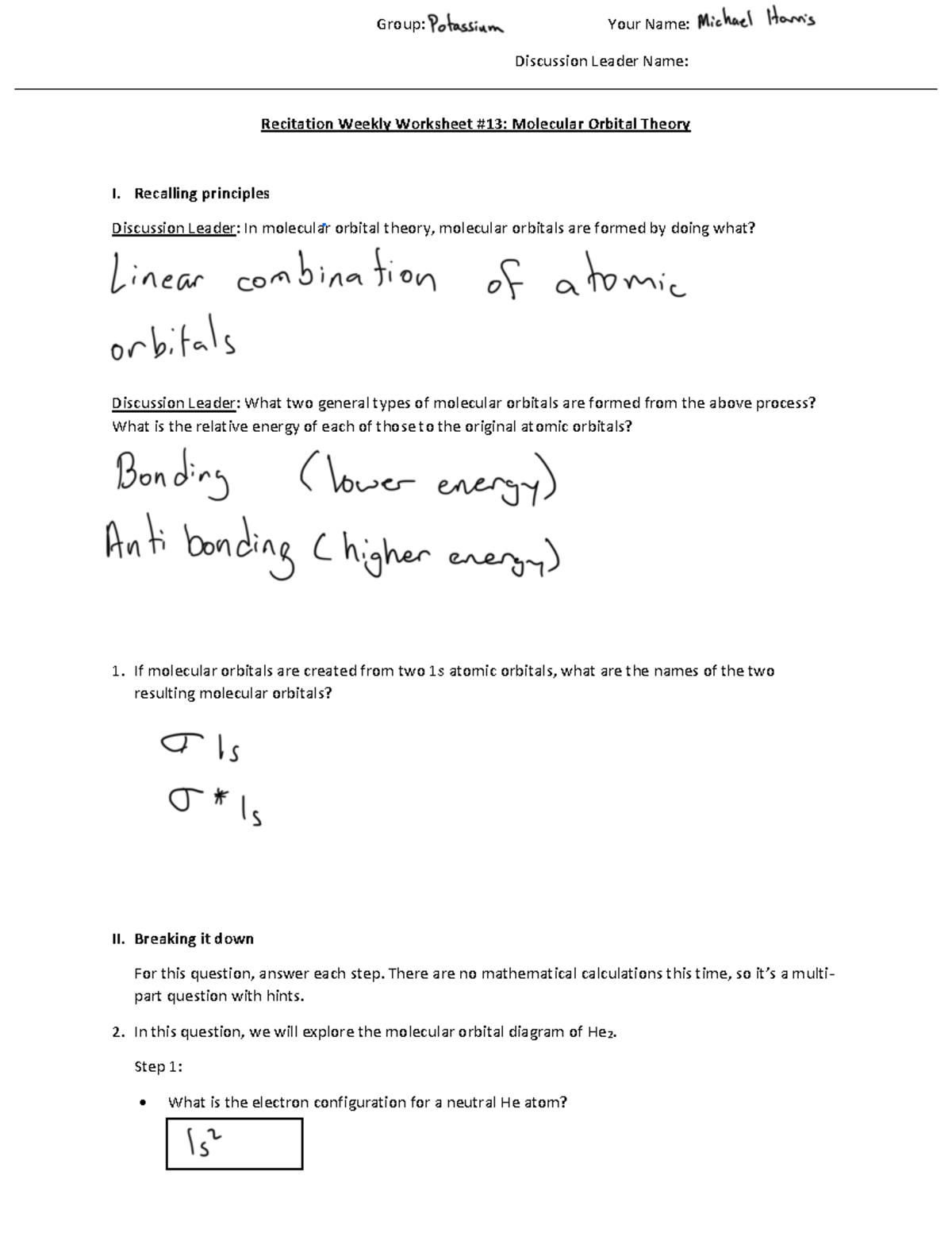 Molecular Orbital Theory 2023 - CHE 105 - Group: Your Name: Discussion ...