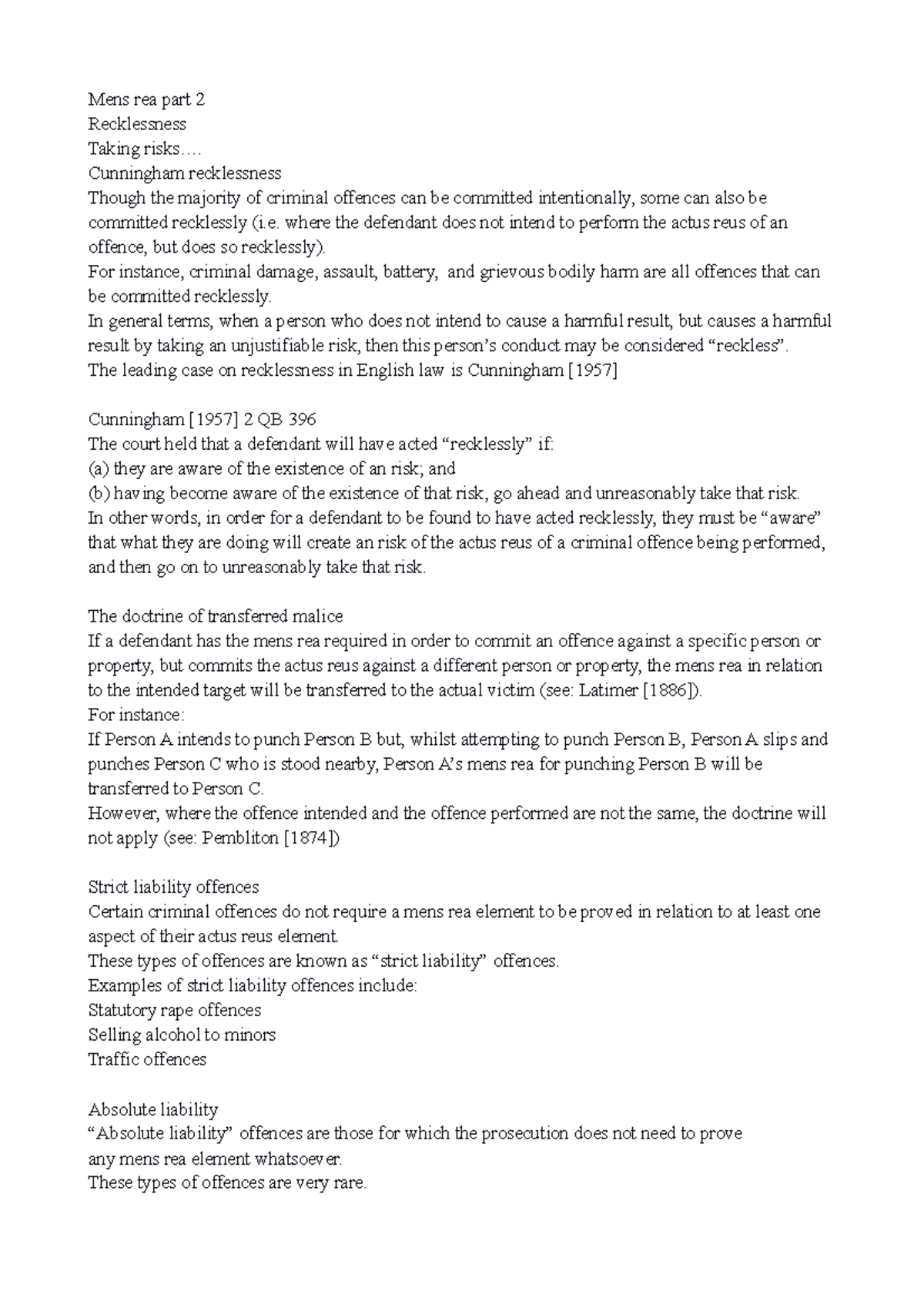 Recklessness Lecture Notes 4 Mens Rea Part 2 Recklessness Taking