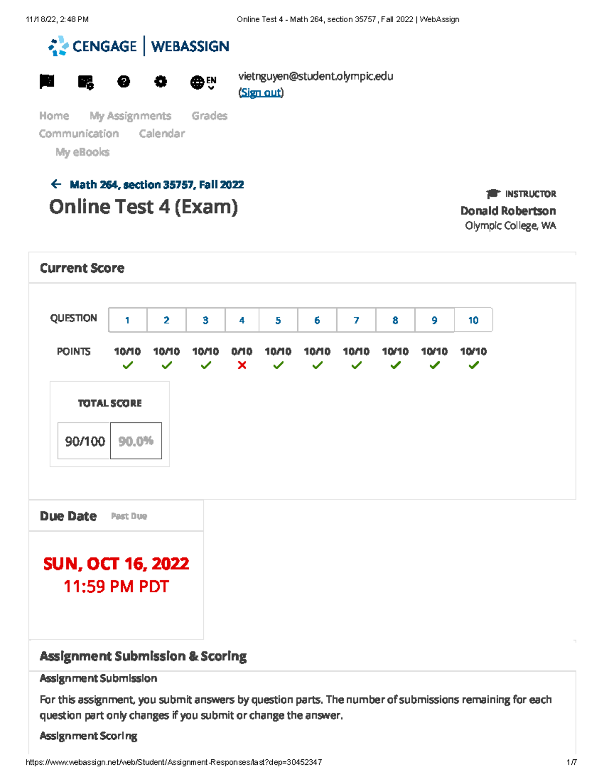 Online Test 4 - Math 264, section 35757, Fall 2022 Web Assign - EN ...