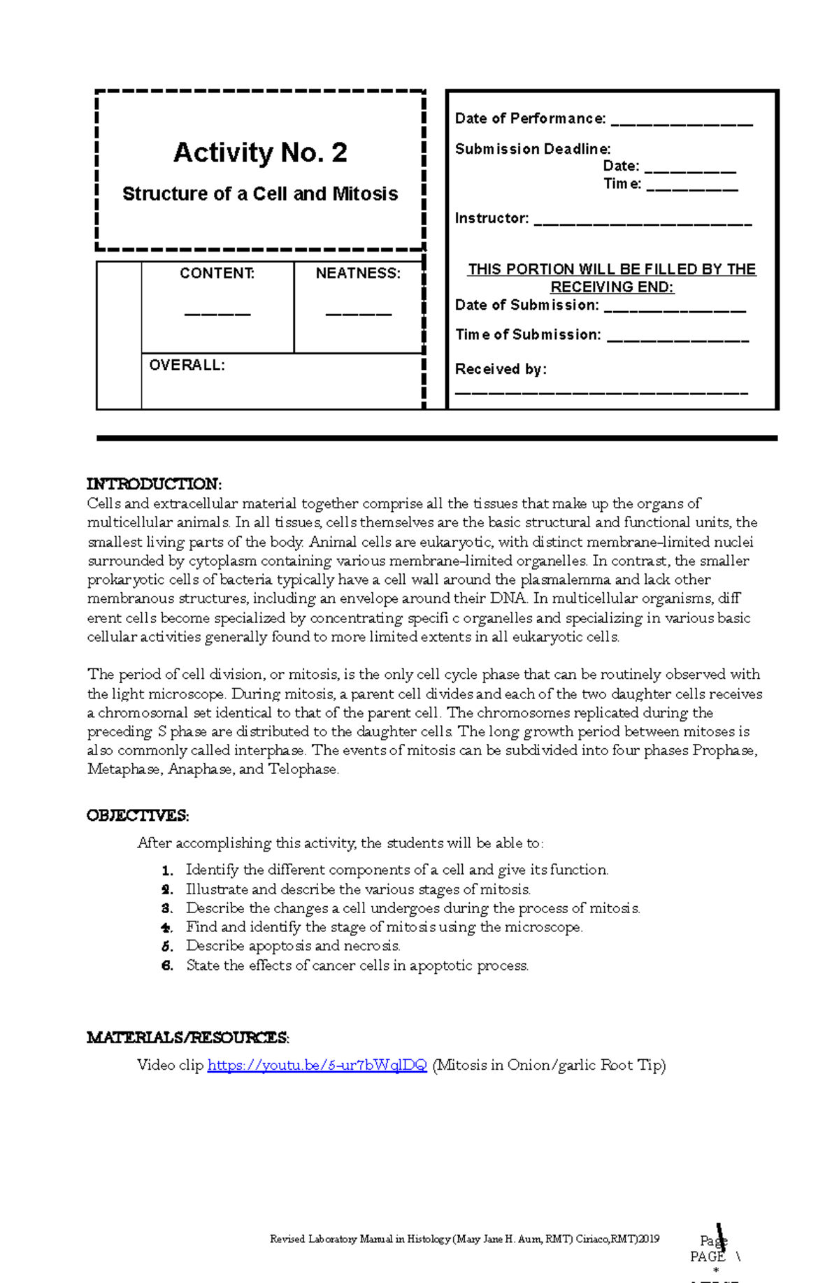 Activity 2 Structure of a cell & mitosis - Revised Laboratory Manual in ...