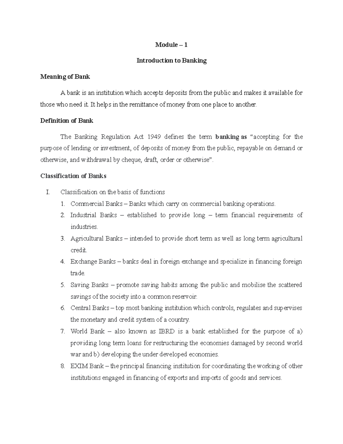 Banking Full Notes Module 1 Introduction to Banking Meaning of Bank