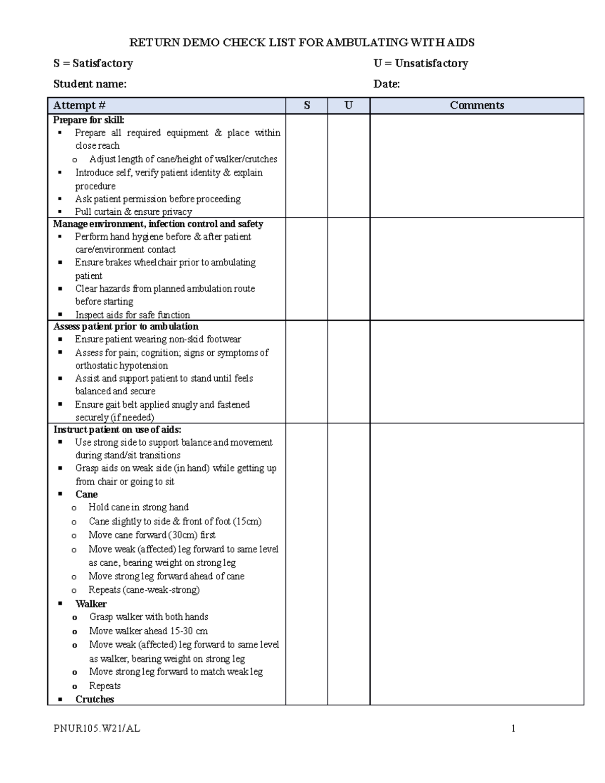 Week 6 - Ambulating Checklist - RETURN DEMO CHECK LIST FOR AMBULATING ...