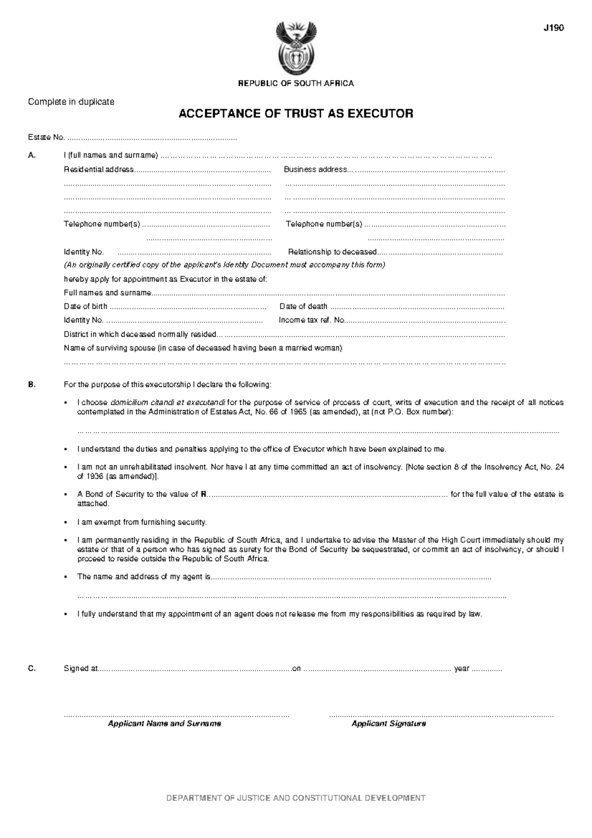 J190 Acceptance OF Trust AS Executor WILLS ESTATES DOCUMENTS