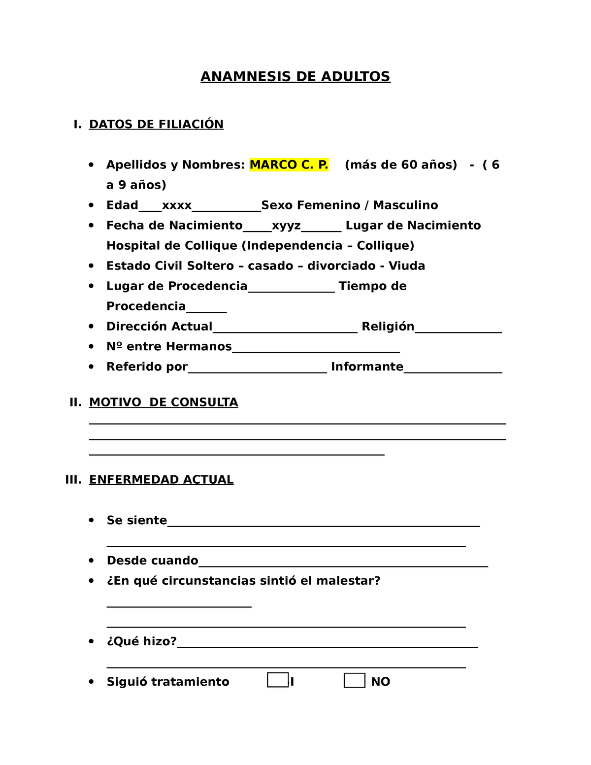 Anamnesis Adultos Test Anamnesis De Adultos I Datos De FiliaciÓn Apellidos Y Nombres Marco 7628