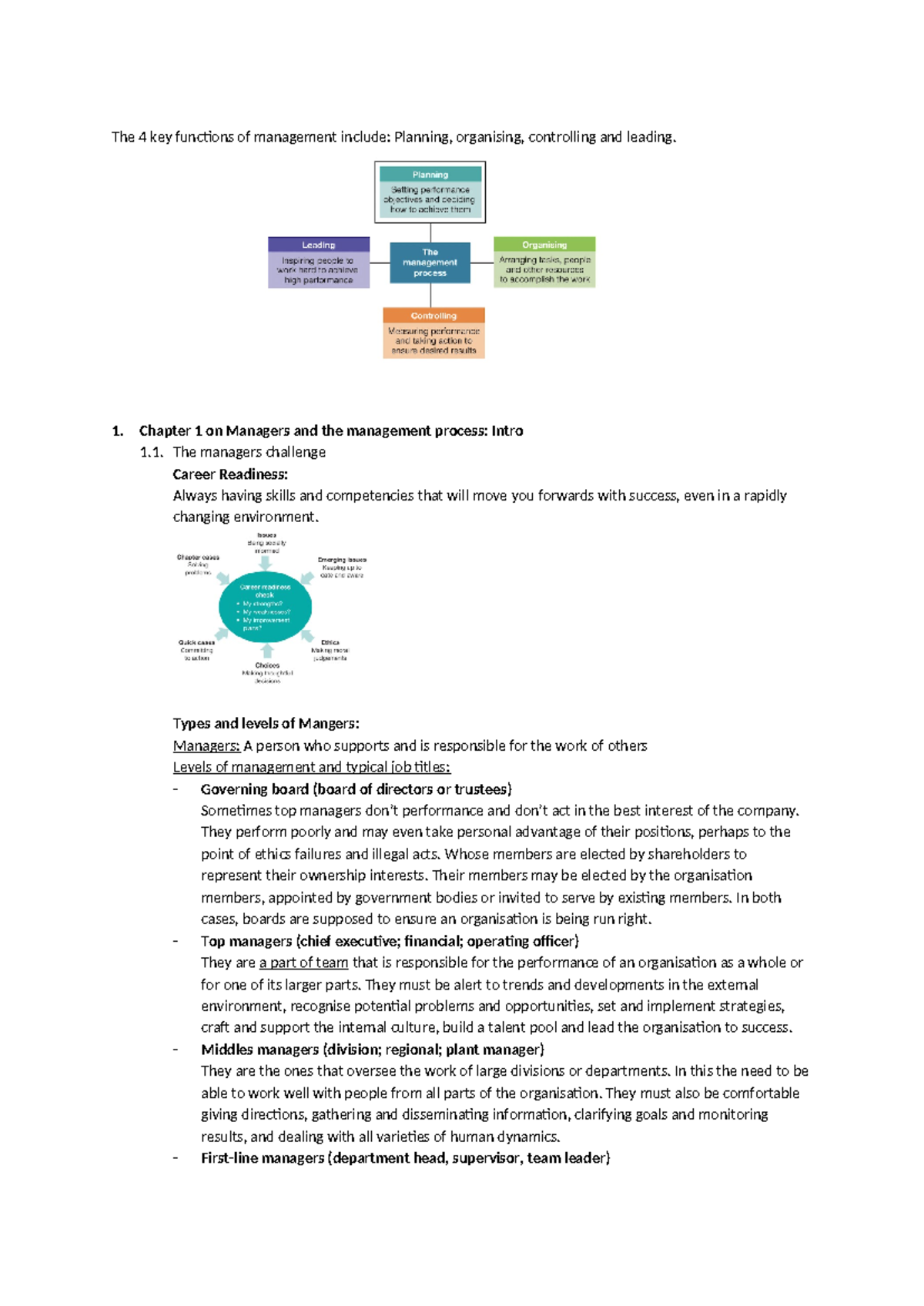MGMT - Final exam notes - The 4 key functions of management include ...
