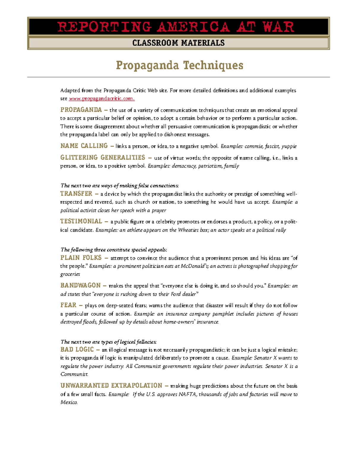 Propaganda - notes - CLASSROOM MATERIALS Adapted from the Propaganda ...